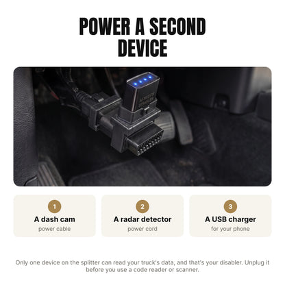 The splitter powers a second device like a dash cam, radar detector or USB charger next to the disabler